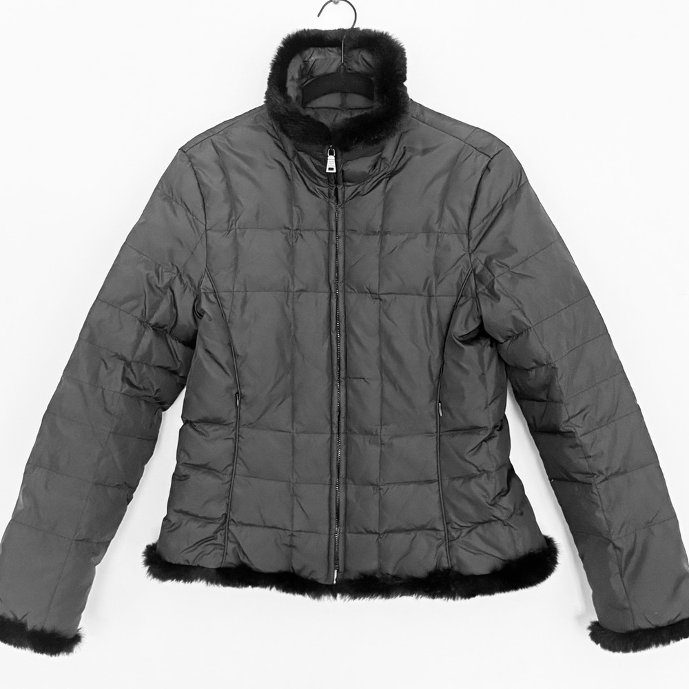 Down Puffer Coat Quilted with Rabbit Fur Trim size M
